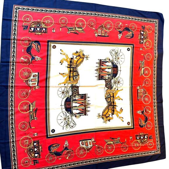 Silky polyester scarf large square designer look red blue gold carriages FLAWS - Picture 11 of 12